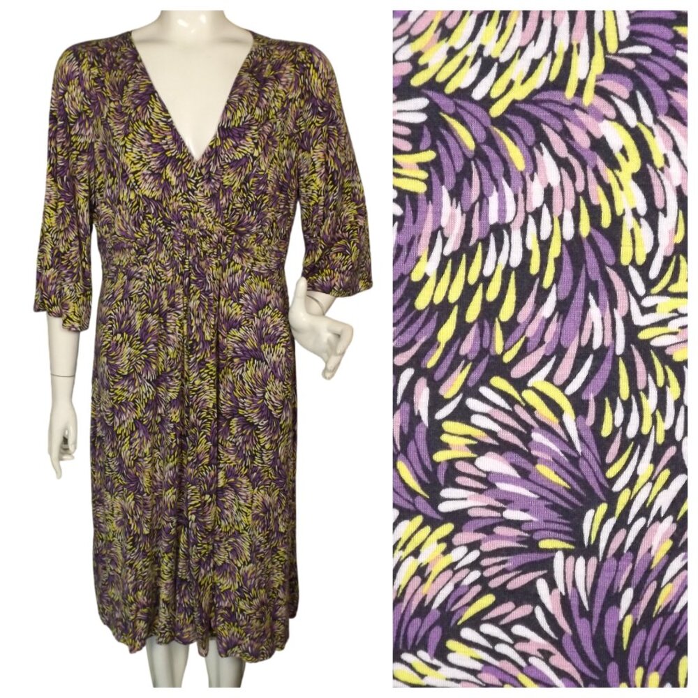 BODEN Dress, 14R, Jersey, Purple/Yellow curves, 3/4 sleeves, Knee length